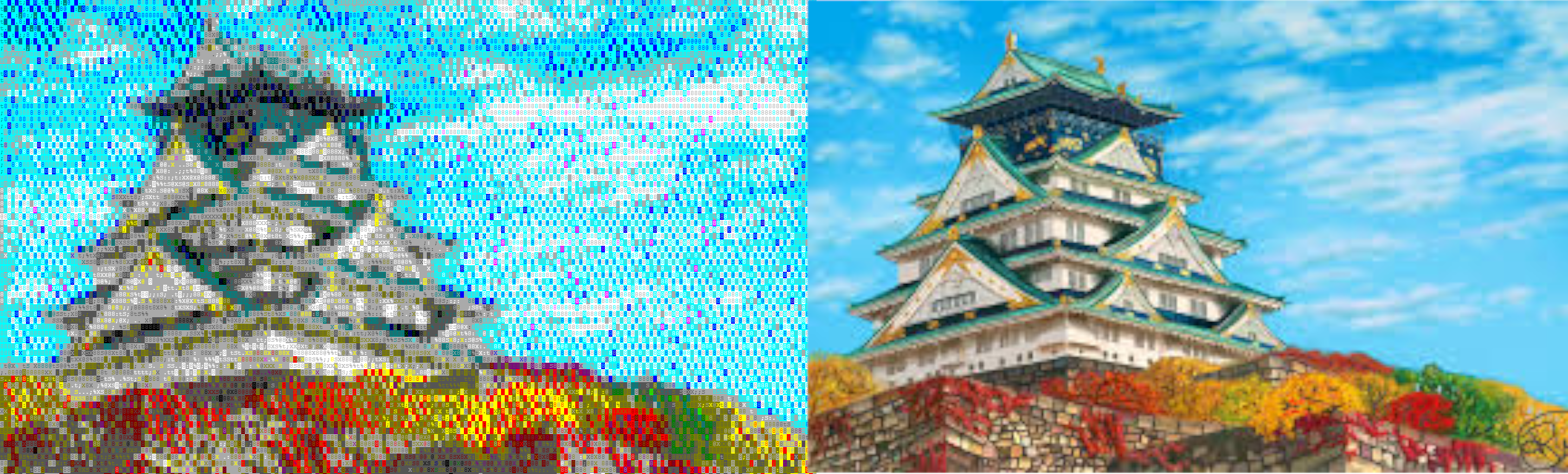 Comparación entre una versión en caracteres y la imagen original de un castillo